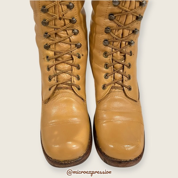 1960 VINTAGE Frye Campus Lug Lace Up Yellow Tan Banana Vintage Leather Tall Boot - Picture 9 of 15
